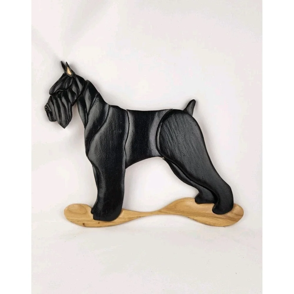 Vtg Wood Intarsia‎ Giant Black Schnauzer dog Working Handmade Wall Art Artisan